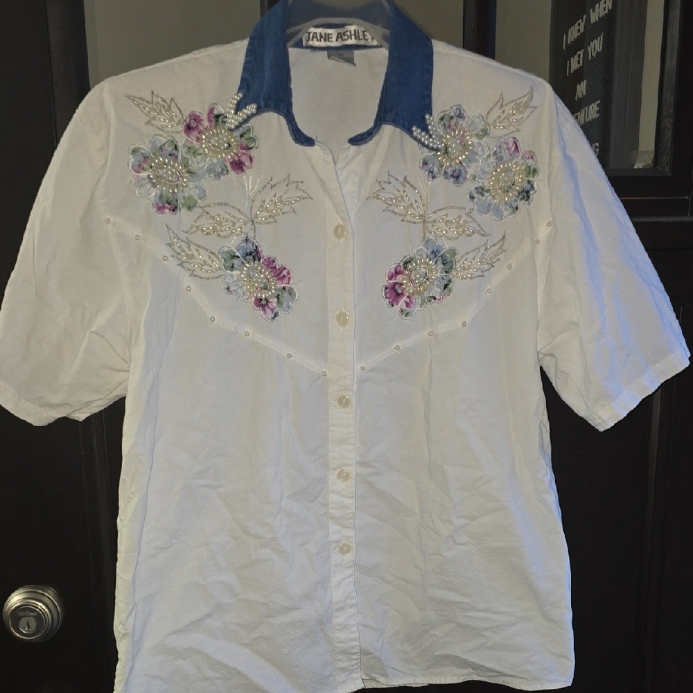 Jane Ashley White and Blue Floral Embroidered Shirt